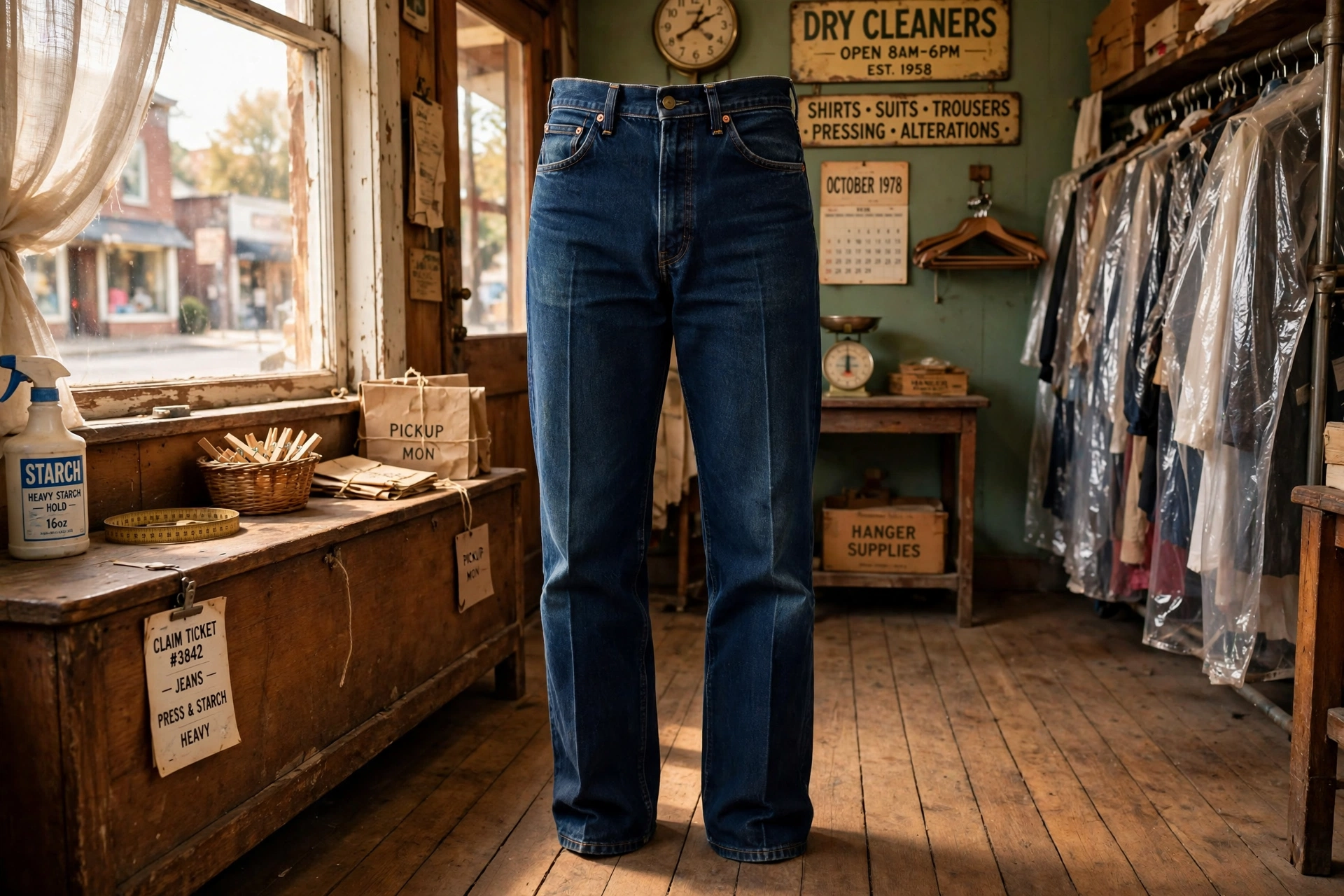 Jeans with heavy starch and a sharp crease, starched at DeHoney's Cleaners in Tulsa