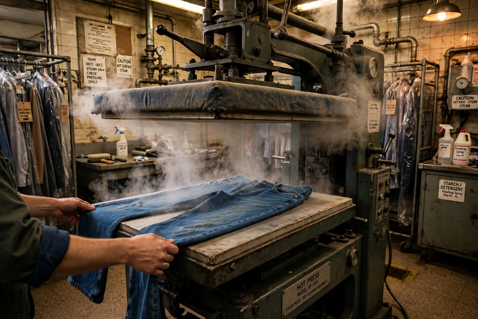 Jeans being pressed on a hot press at DeHoney's Cleaners Tulsa